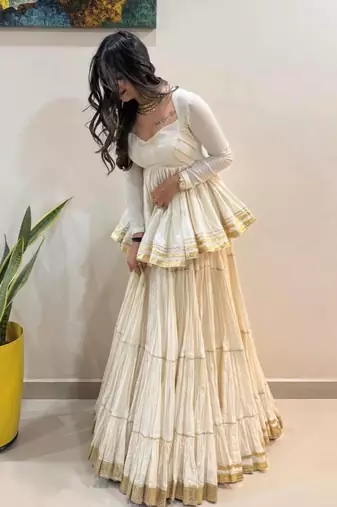 White Gota Patti work and Lampi lace border Cotton Navratri Lahenga Kediyu 