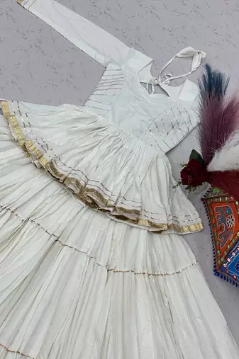 White Gota Patti work and Lampi lace border Cotton Navratri Lahenga Kediyu 