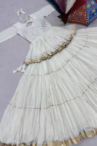 White Gota Patti work and Lampi lace border Cotton Navratri Lahenga Kediyu 