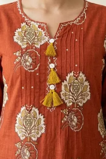 rust orange hand block floral printed pintex work cotton straight kurta set
