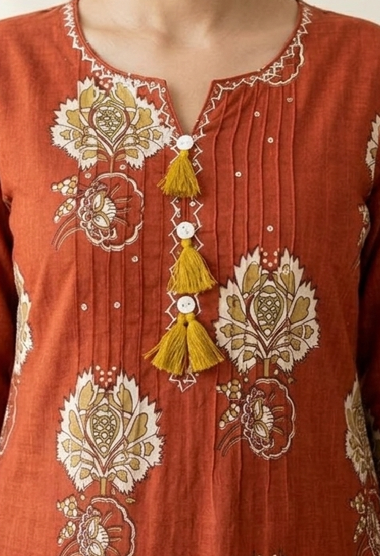 rust orange hand block floral printed pintex work cotton straight kurta set