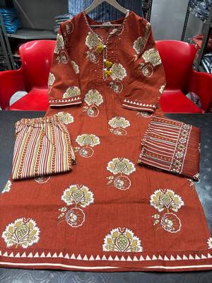 rust orange hand block floral printed pintex work cotton straight kurta set 5