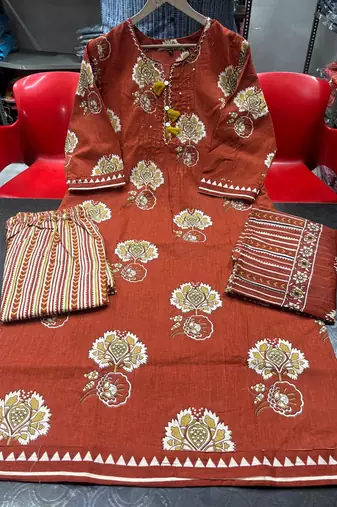 rust orange hand block floral printed pintex work cotton straight kurta set