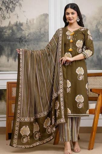 olive green pintex & hand work cotton straight kurta set