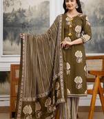 olive green pintex & hand work cotton straight kurta set