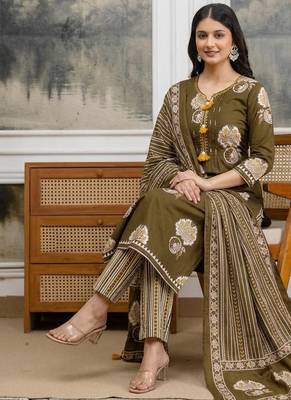 olive green pintex & hand work cotton straight kurta set 2