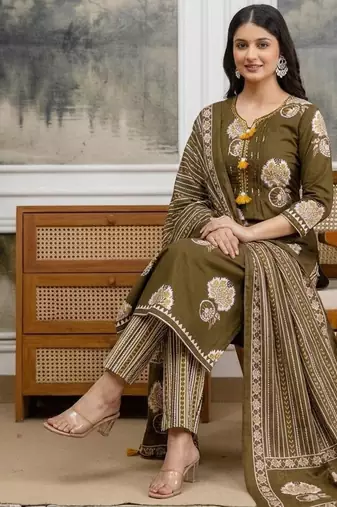 olive green pintex & hand work cotton straight kurta set