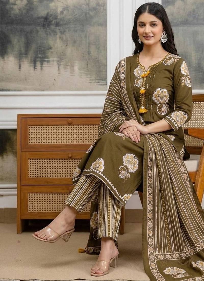 olive green pintex & hand work cotton straight kurta set