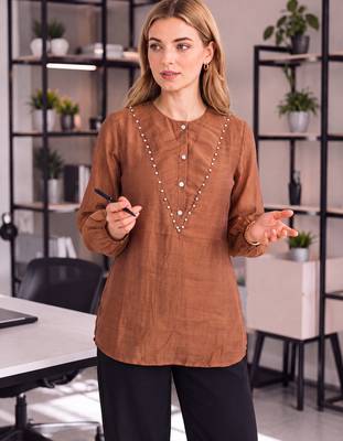  brown mul chanderi puff sleeve style shirt 1