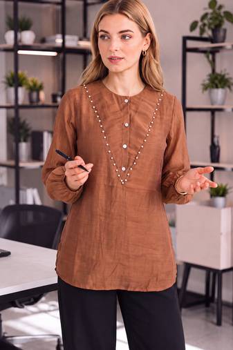  brown mul chanderi puff sleeve style shirt