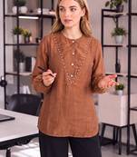  brown mul chanderi puff sleeve style shirt