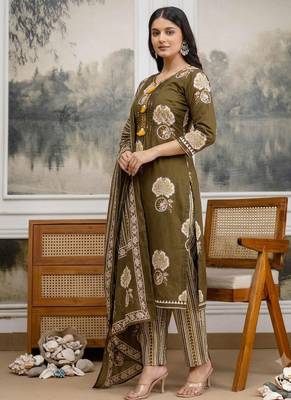 olive green pintex & hand work cotton straight kurta set 3