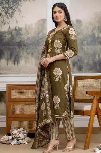 olive green pintex & hand work cotton straight kurta set