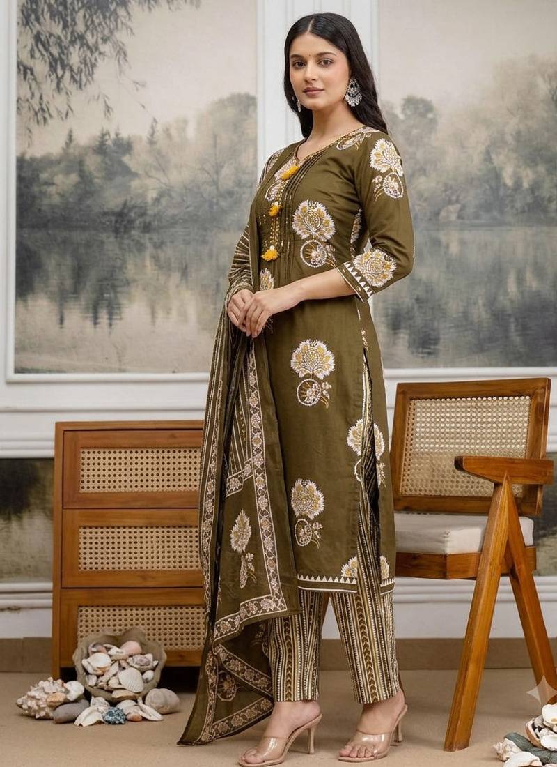 olive green pintex & hand work cotton straight kurta set