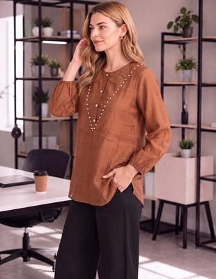  brown mul chanderi puff sleeve style shirt 2