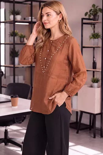  brown mul chanderi puff sleeve style shirt