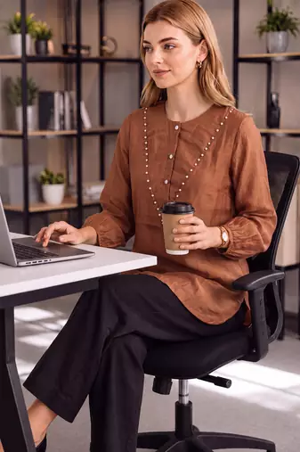  brown mul chanderi puff sleeve style shirt