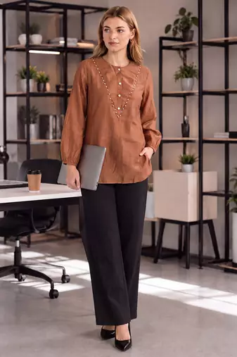  brown mul chanderi puff sleeve style shirt