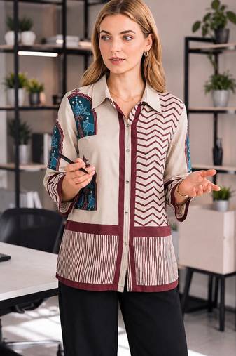  cream and maroon muslin ethnic print shirt