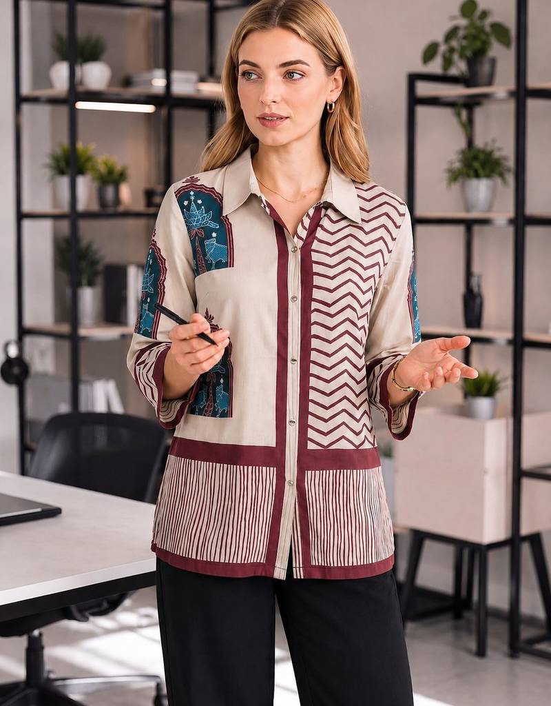  cream and maroon muslin ethnic print shirt