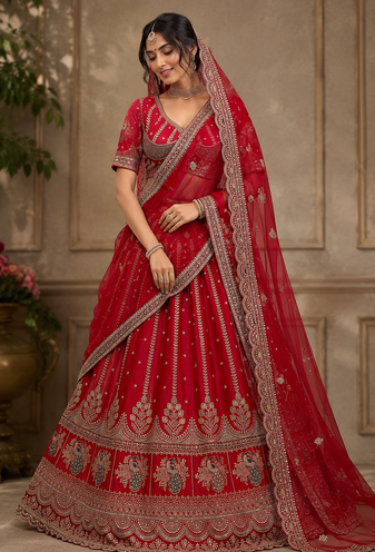 Red color Sequins Multi Cotton thread Work Crystal Beads silk blend Lehenga Choli set 
