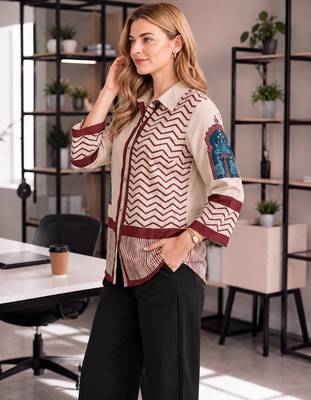  cream and maroon muslin ethnic print shirt 2