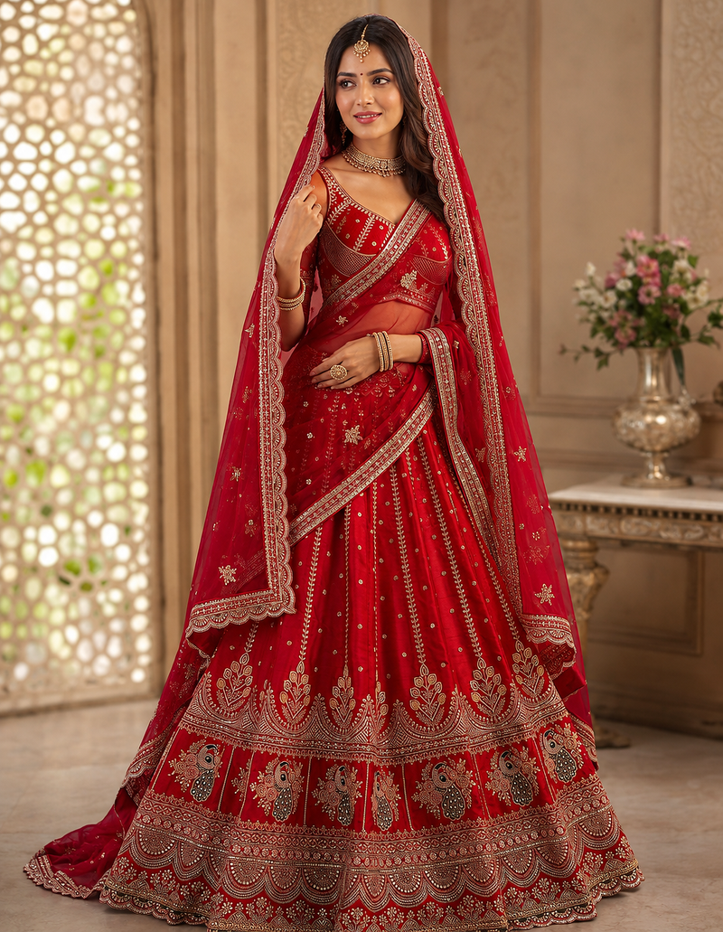 Red color Sequins Multi Cotton thread Work Crystal Beads silk blend Lehenga Choli set 