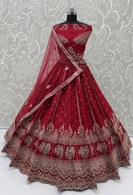 Red color Sequins Multi Cotton thread Work Crystal Beads silk blend Lehenga Choli set  3