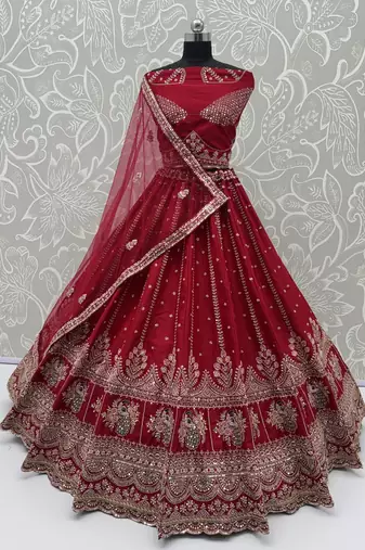 Red color Sequins Multi Cotton thread Work Crystal Beads silk blend Lehenga Choli set 