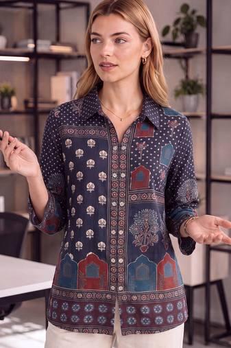  navy blue muslin ethnic print shirt