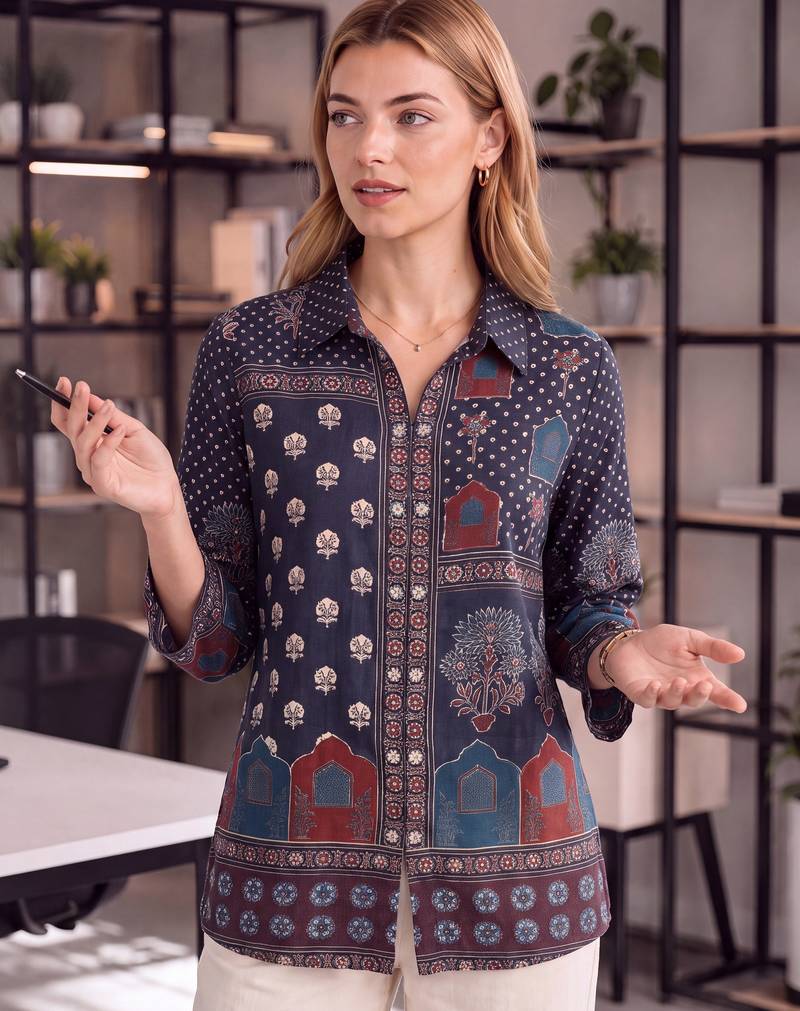  navy blue muslin ethnic print shirt