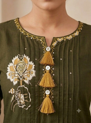 olive green pintex & hand work cotton straight kurta set 4