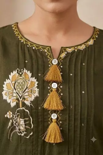 olive green pintex & hand work cotton straight kurta set
