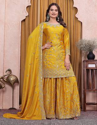 Yellow chinon  silk party wear sharara suit set 1