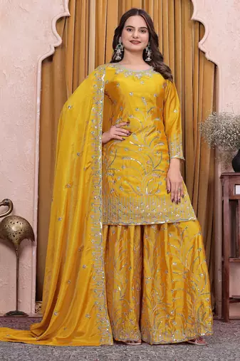 Yellow chinon  silk party wear sharara suit set