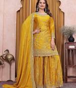 Yellow chinon  silk party wear sharara suit set