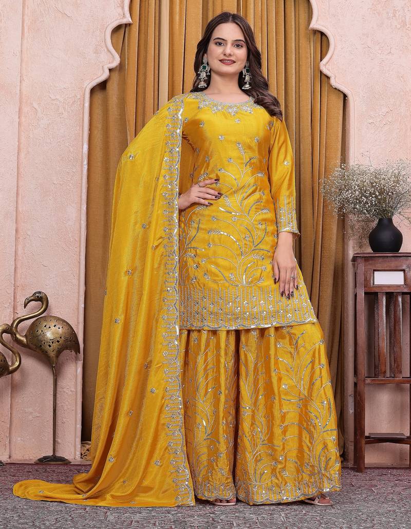 Yellow chinon  silk party wear sharara suit set
