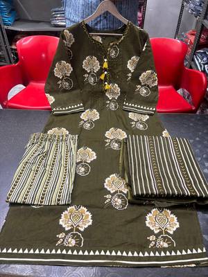 olive green pintex & hand work cotton straight kurta set 5
