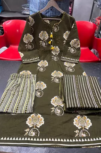 olive green pintex & hand work cotton straight kurta set