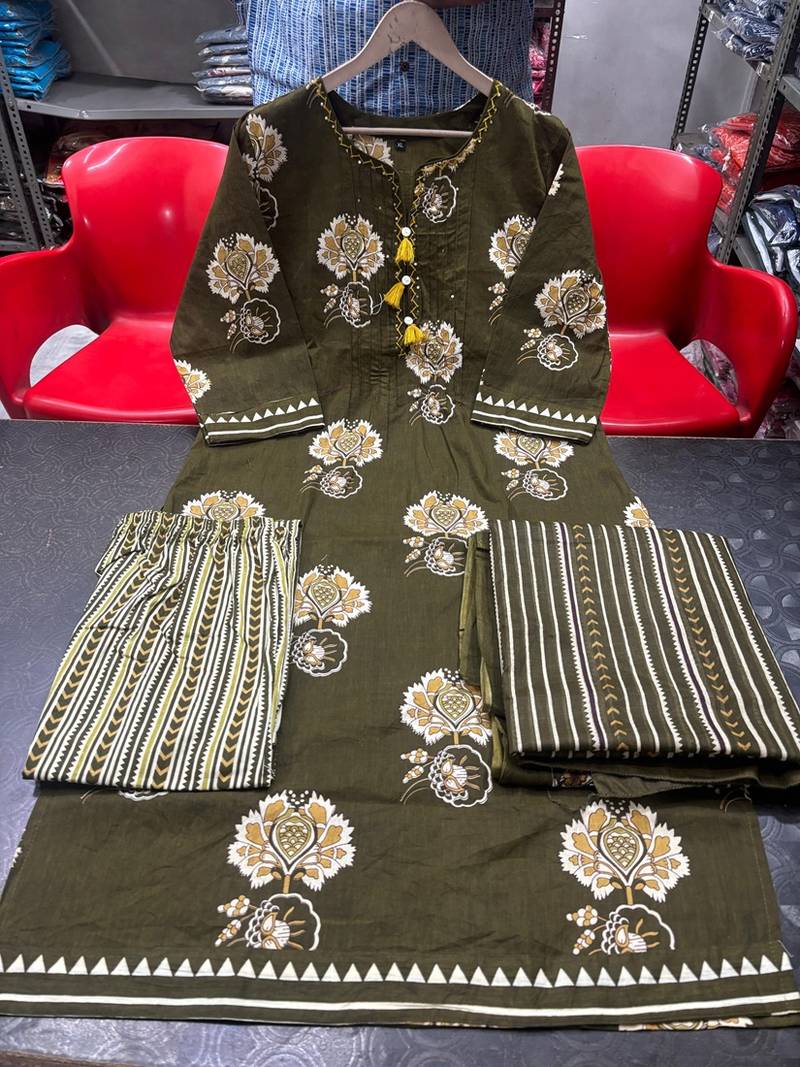 olive green pintex & hand work cotton straight kurta set