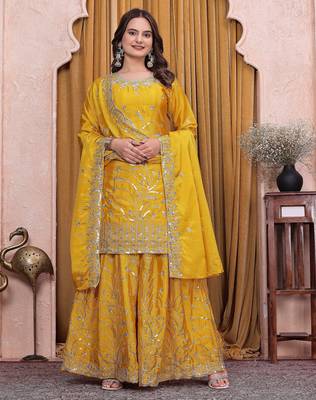 Yellow chinon  silk party wear sharara suit set 2