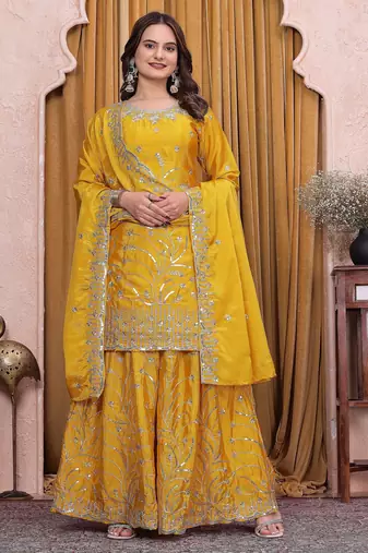 Yellow chinon  silk party wear sharara suit set