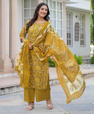 Beautiul  jaipuri mustard floral print & hand block cotton straight kurta set with plazo and dupatta 1