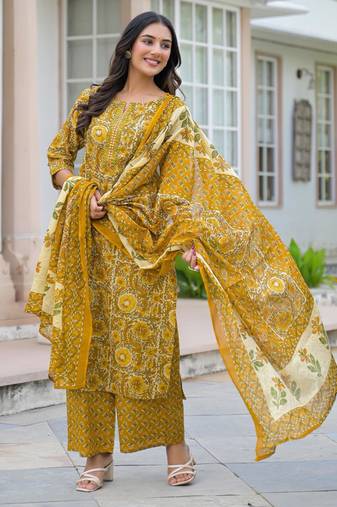 Beautiul  jaipuri mustard floral print & hand block cotton straight kurta set with plazo and dupatta