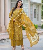 Beautiul  jaipuri mustard floral print & hand block cotton straight kurta set with plazo and dupatta