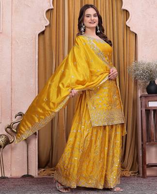 Yellow chinon  silk party wear sharara suit set 3