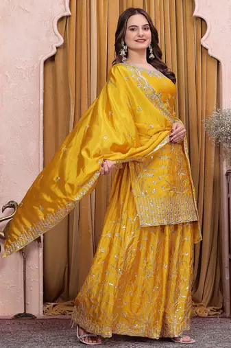 Yellow chinon  silk party wear sharara suit set