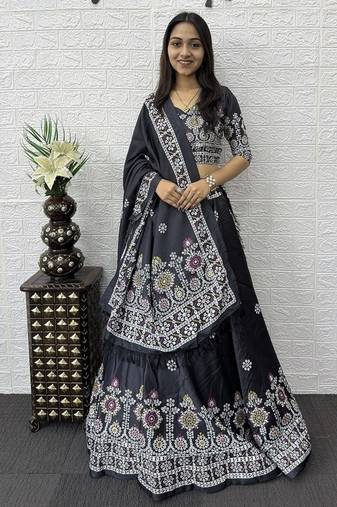 Grey Color Printed And Mirror Work Satin Lehenga Choli Set