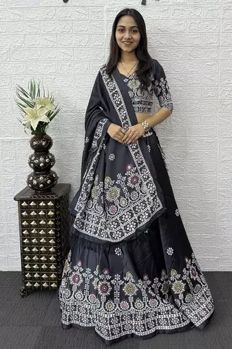 Grey Color Printed And Mirror Work Satin Lehenga Choli Set