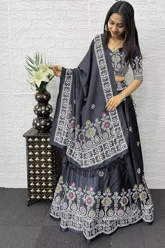Grey Color Printed And Mirror Work Satin Lehenga Choli Set